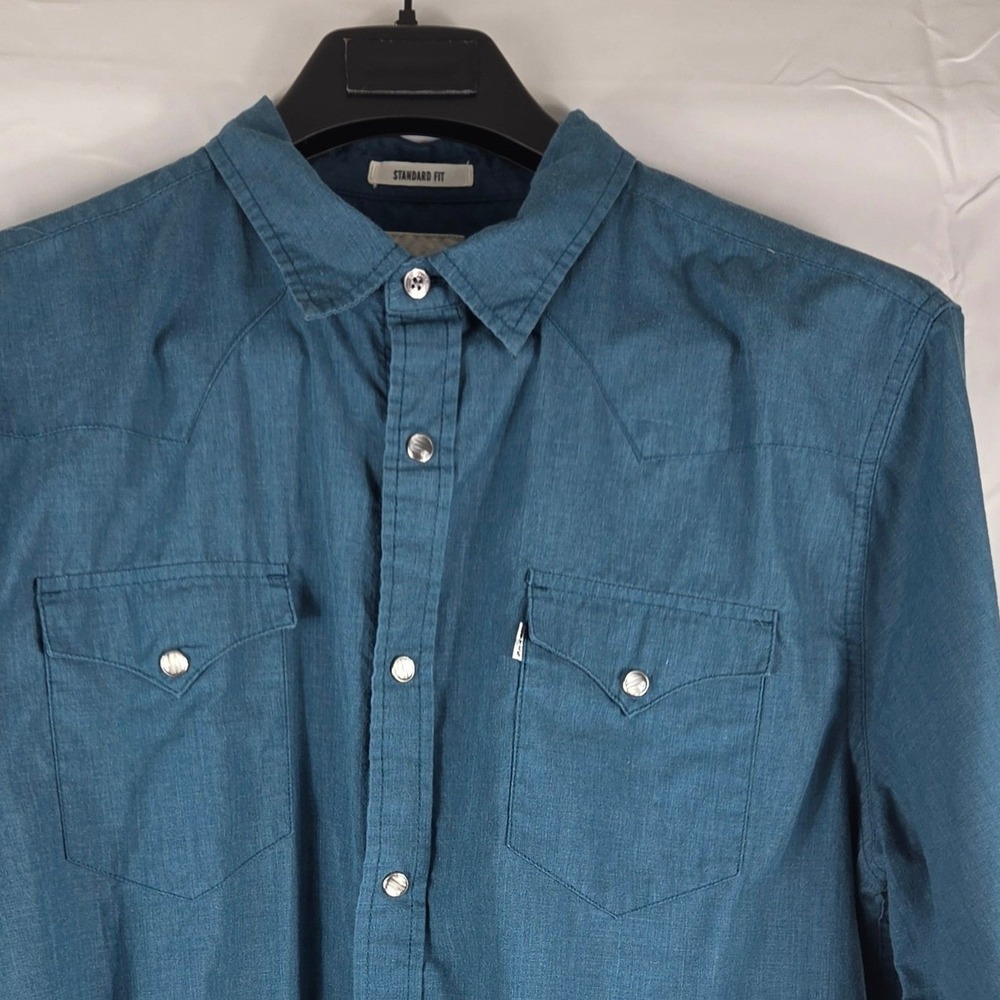 Levis Mens Western Snap Front Shirt Teal Blue Long Sleeve Standard Fit Large